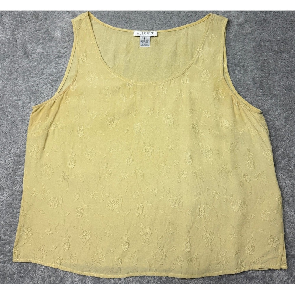 Citron Tank Top Women L Yellow Silk Floral Jacquard Scoop Neck Sleeveless Blouse